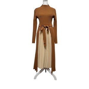 Chicwish Mock Neck Brown and Cream Sweater Midi Dress